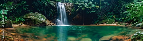 Secluded waterfall in a lush rainforest, vibrant flora, serene pool, hidden paradise  © Ruksanaporn