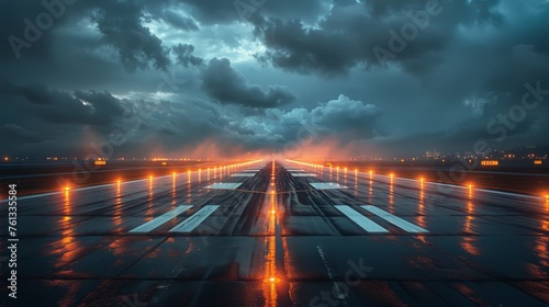 Airport Runway at Night With City Background