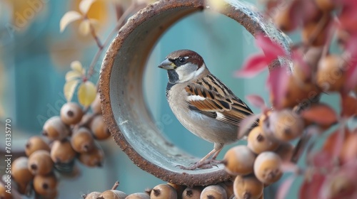 Sparrow swiftly maneuvers around wind turbines, embodying nature's grace alongside renewable energy tech.