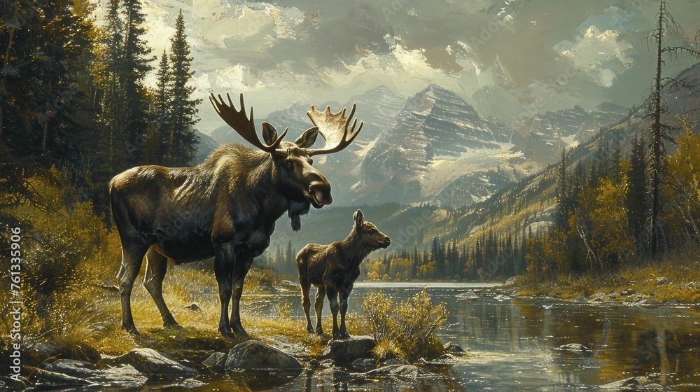 Moose in a protective stance over a young calf at a family owned business, embodying care, growth, and legacy nurturing. Moose in a protective stance over a young calf at a family owned business, embodying care, growth, and legacy nurturing.