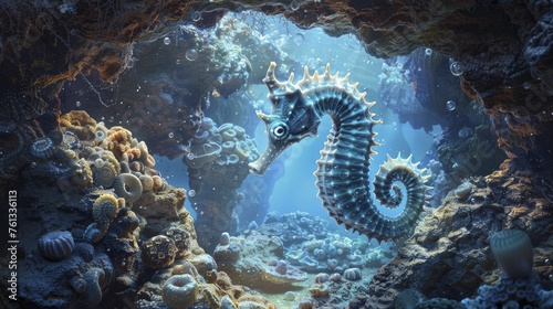 Seahorse guarding treasures within a serene underwater cave highlights patience and protection in wealth management.