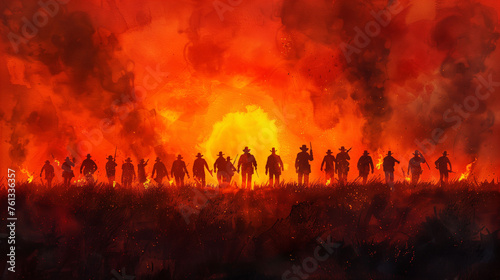 Watercolor drawing of an army of people in cowboy hats with guns against the background of a fire photo