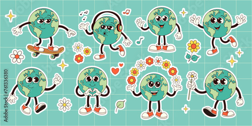 Groovy Earth stickers set. Earth day. Vector illustration for postcard, posters, banner.