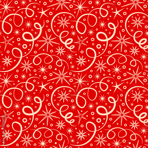 Party celebration red background with curly ribbons confetti and stars, seamless vector pattern, design for wrapping paper, wallpaper, decorative background.