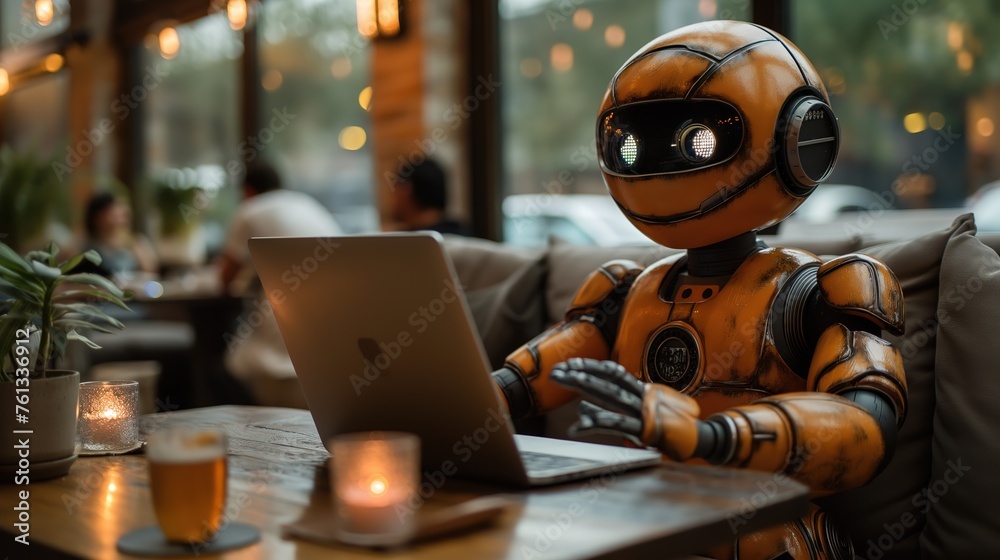 a robot working on computer screen at restaurant, futuristic sci-fi fantasy theme and Ai assistant theme, Generative Ai a robot working on computer screen at restaurant, futuristic sci-fi fantasy theme and Ai assistant theme, Generative Ai