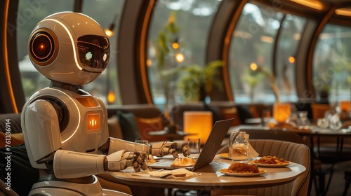 a robot working on computer screen at restaurant  futuristic sci-fi fantasy theme and Ai assistant theme   Generative Ai