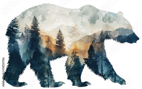 Watercolor Double Exposure of a  Bear and Forest, isolated on white . AI generated Illustration.