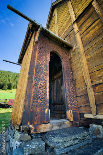 Decorative door to Lomen Stave Church, Norway