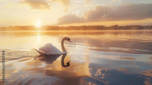 Elegant Swan Gliding on Sunset Lake © AnimalAI