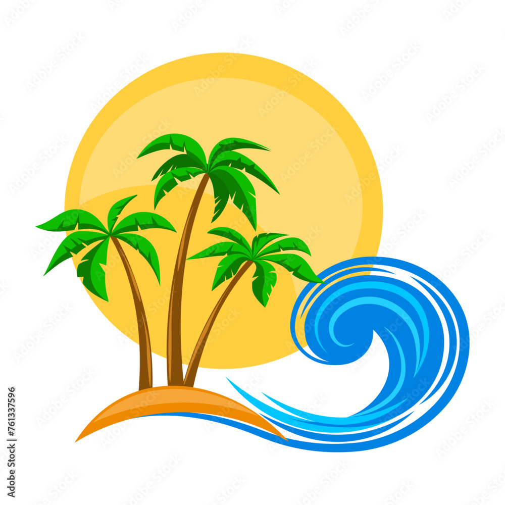 Tropical island with palm trees, sun and sea wave vector illustration, summer vacation emblem, icon, decorative element, sticker.