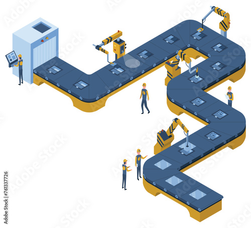 Factory isometric conveyor line. Industrial automated robotic conveyor, production 3d line. Electronic factory assembly line with plant workers. Composition isometric vector illustration