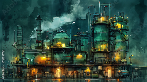 Futuristic industrial complex at night with illuminated buildings under a stormy sky.