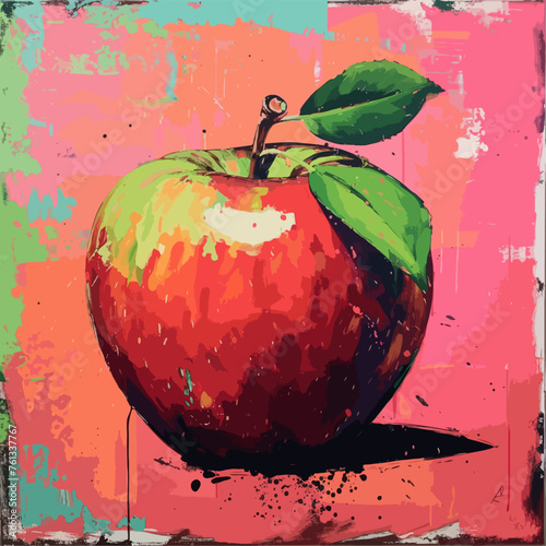 BRUSHED 3D APPLE PORTRAIT  Oil painting style  Wallpaper  Poster  Mural. Artistic image of a genuine colorful red fruit with green leaves and light reflection in the brushed pink background.