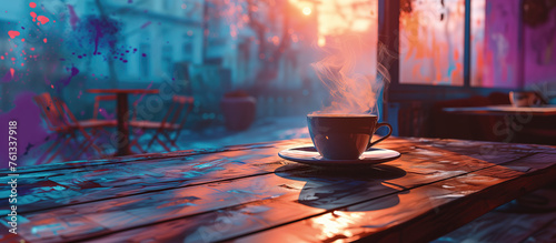 coffee on wooden table in cafe surrounded by splashes of oil paint. background of blue shade covered street with warm colour from sunrise illuminating the cup. coffee art concept. copy space
