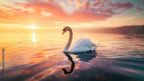 Graceful Swan Gliding on Serene Lake at Sunset