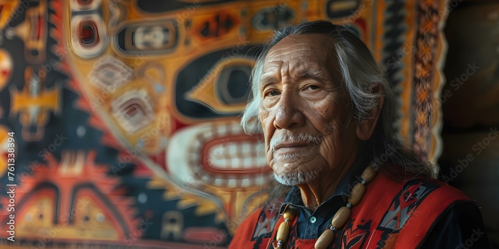 Indigenous Elder Admiring Vibrant Tapestry in Cultural Gallery. Concept Cultural Art Appreciation, Indigenous Heritage, Elderly Wisdom, Vibrant Textiles, Art Gallery Experience