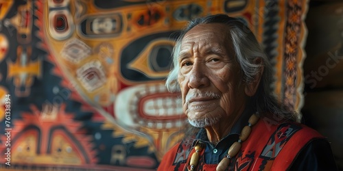 Indigenous Elder Admiring Vibrant Tapestry in Cultural Gallery. Concept Cultural Art Appreciation, Indigenous Heritage, Elderly Wisdom, Vibrant Textiles, Art Gallery Experience