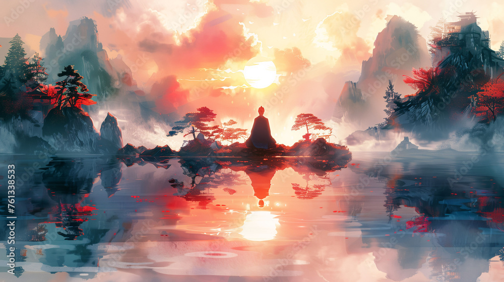 Tranquil landscape with figure meditating by a reflective lake at sunset, amidst misty mountains and vibrant foliage. - obrazy, fototapety, plakaty 