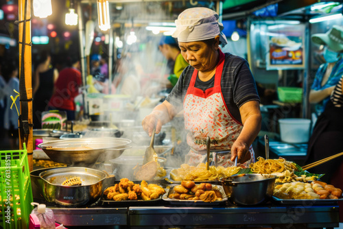 Thai woman cooking fried noodle on street food market.