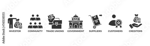 Stakeholder relationship banner web icon vector illustration concept for stakeholder, investor, government, and creditors with icon of community, trade unions, suppliers, and customers	