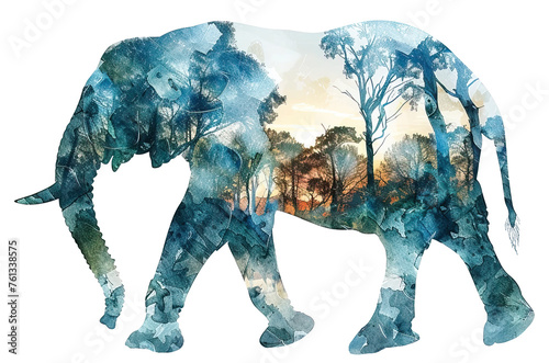 Watercolor Double Exposure of an Elephant and Forest, isolated on white background. AI generated .