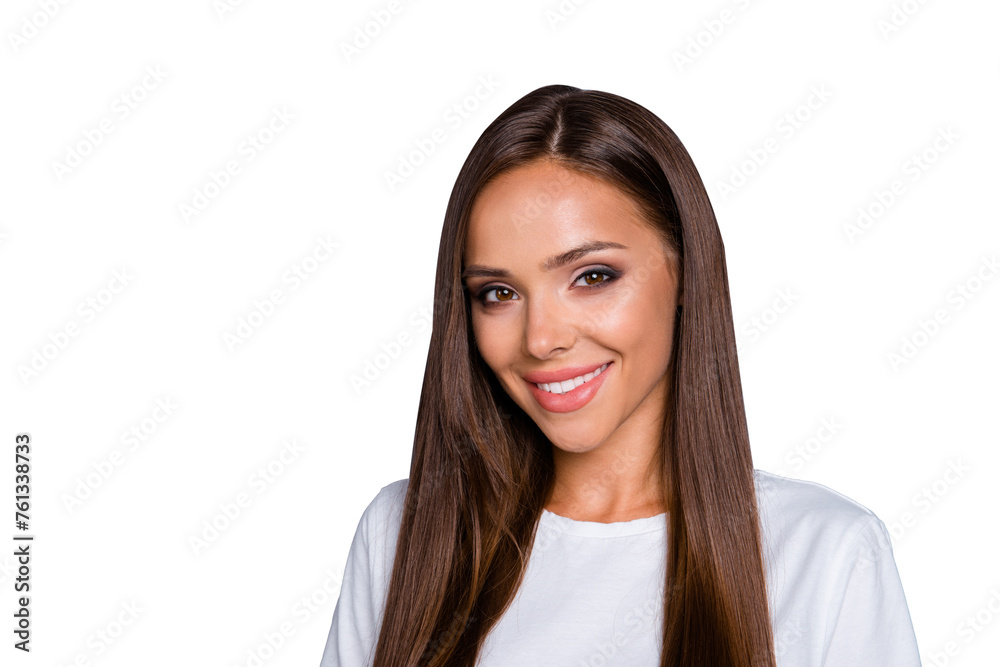 Close up portrait of lovely young woman looks at camera isolated on gray background with copy space for text Close up portrait of lovely young woman looks at camera isolated on gray background with copy space for text