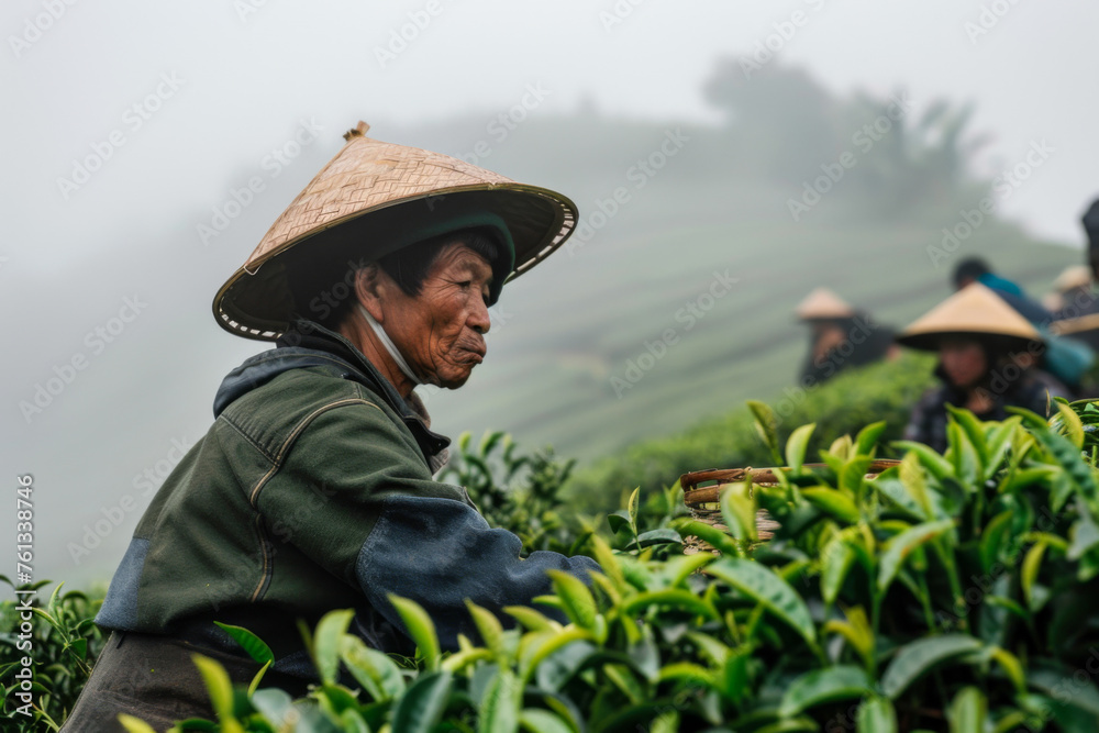tea picker at the tea plantation in the town of Mae Salong north of the city Chiang Rai in North Thailand.

