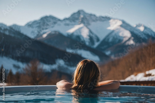woman resting in hot tub with view on mountains