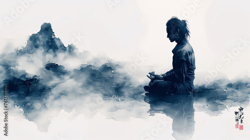Silhouette of a person meditating with serene mountain backdrop, surrounded by mist, reflecting tranquility and mindfulness.