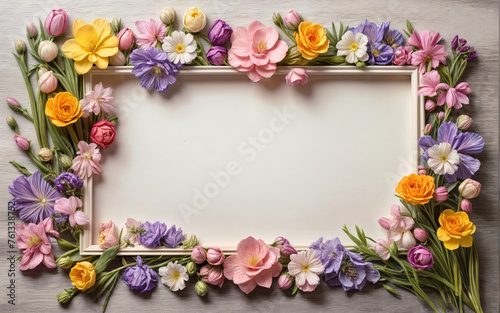 A greeting card featuring a frame of spring flowers with an empty space in the center for writing a message or adding text.