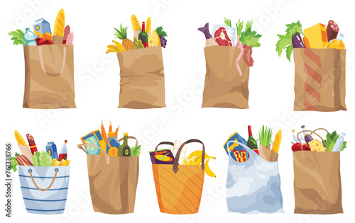 Collection of paper shopping bags products grocery. Vegetables, bread, dairy products, vine, meat and eggs. Grocery supermarket. Fresh healthy produce. Grocery delivery concept
