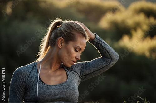 Woman warming up for a morning workout outdoors Happy