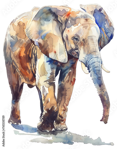 Watercolor Painting of Elephant, isolated on White Background. AI generated Illustration.