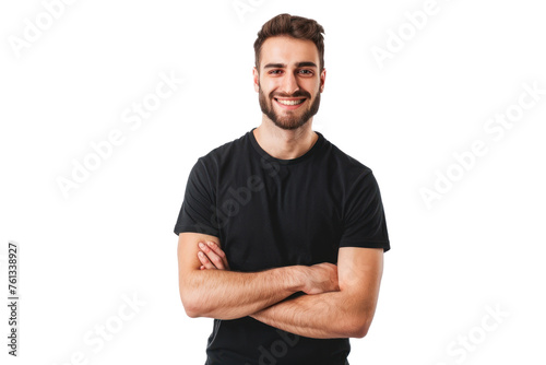 a advertisement photograph of a smiling man wearing a black blank t-shirta on transparency background PNG