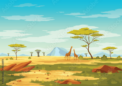 African savannah landscape, wild nature of Africa, cartoon background with green tree, rocks and plain grassland field under blue clear sky. Kenya panoramic view, parallax scene, Vector illustration