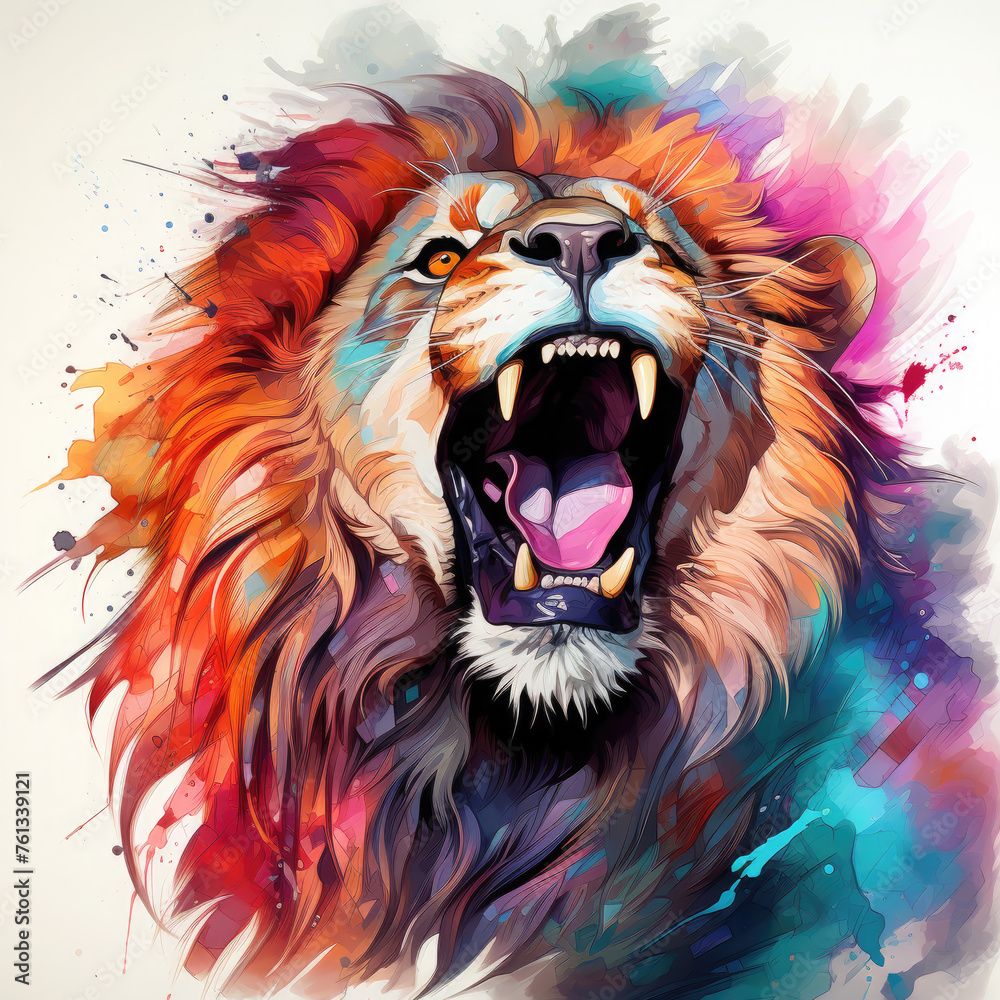 Watercolor Roaring Lion Illustration, Generative Ai