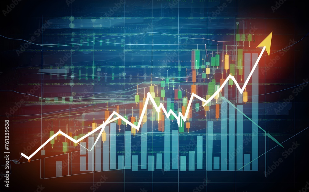 Closeup financial chart with uptrend line candlestick graph in stock market on blue color monitor background