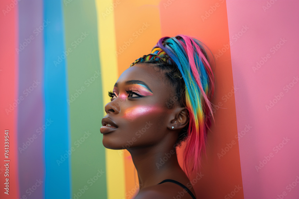 An Afro woman with colorful hair stands in front of a colorful wall.