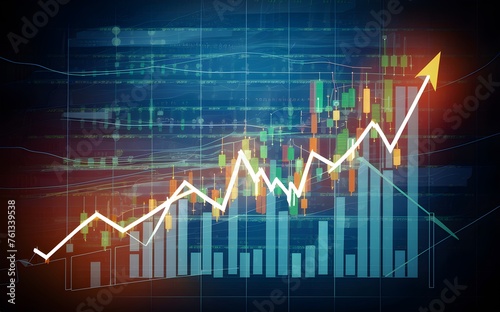 Closeup financial chart with uptrend line candlestick graph in stock market on blue color monitor background