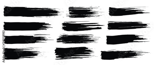Paint brush. Black ink grunge brush strokes. Vector paintbrush set. Grunge design elements. Painted ink stripes. Creative isolated spots. Ink smudge abstract shape stains and smear set