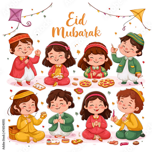 A delightful illustration of children dressed in their finest clothes, celebrating Eid.