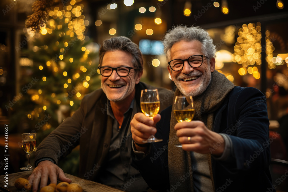 Two men are smiling and holding glasses of wine