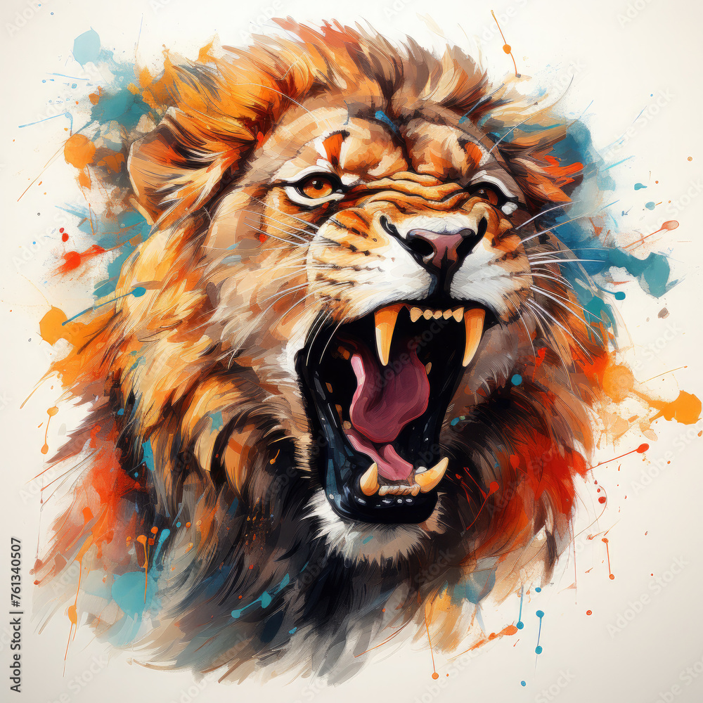 Watercolor Roaring Lion Illustration, Generative Ai