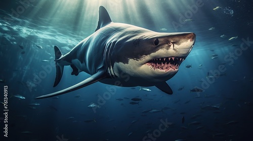 white shark swimming on the surface of the water with sunlight penetrating the surface of the water
