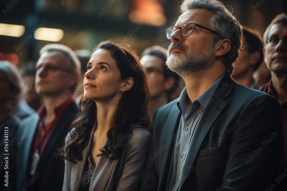 Man and woman are sitting in crowd watching something Man and woman are sitting in crowd watching something