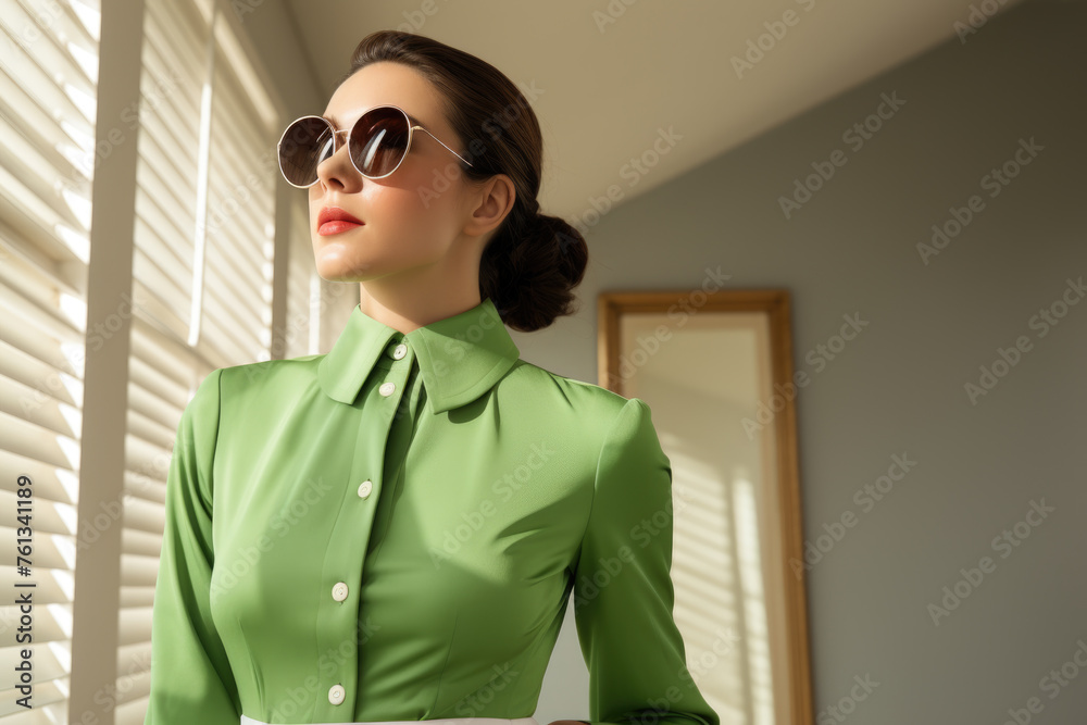 Woman in green shirt is wearing sunglasses and standing in front of mirror Woman in green shirt is wearing sunglasses and standing in front of mirror