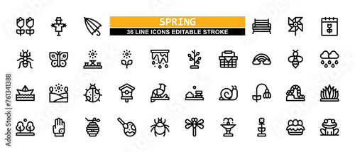 36 Spring Line Icons Set Pack Editable Stroke Vector Illustration.