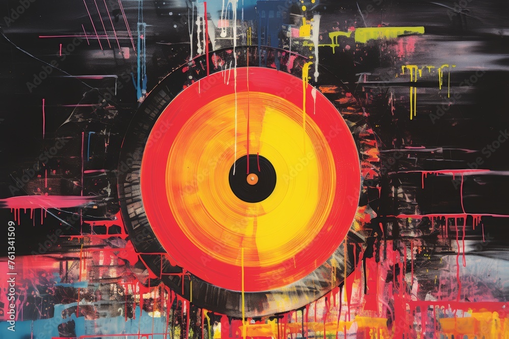 Vibrant grunge collage vinyl records and pop art graffiti blend in colorful burst of energy. Vibrant grunge collage vinyl records and pop art graffiti blend in colorful burst of energy.