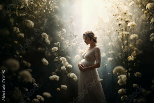 Pregnant woman among white wildflowers