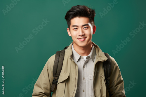 Young man wearing tan jacket and backpack is smiling for camera